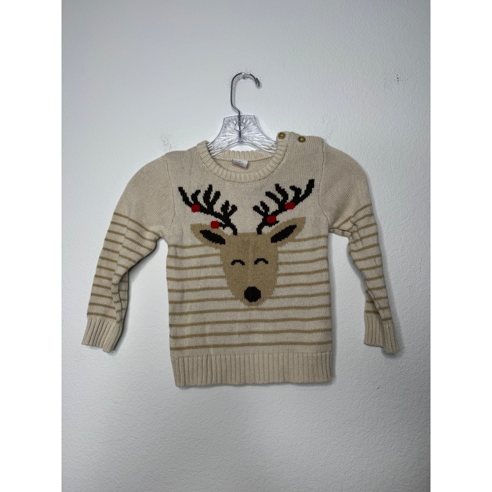 Holiday Time Reindeer Striped Knit Sweater Cream Tan Kids Sz 4T Christmas Winter